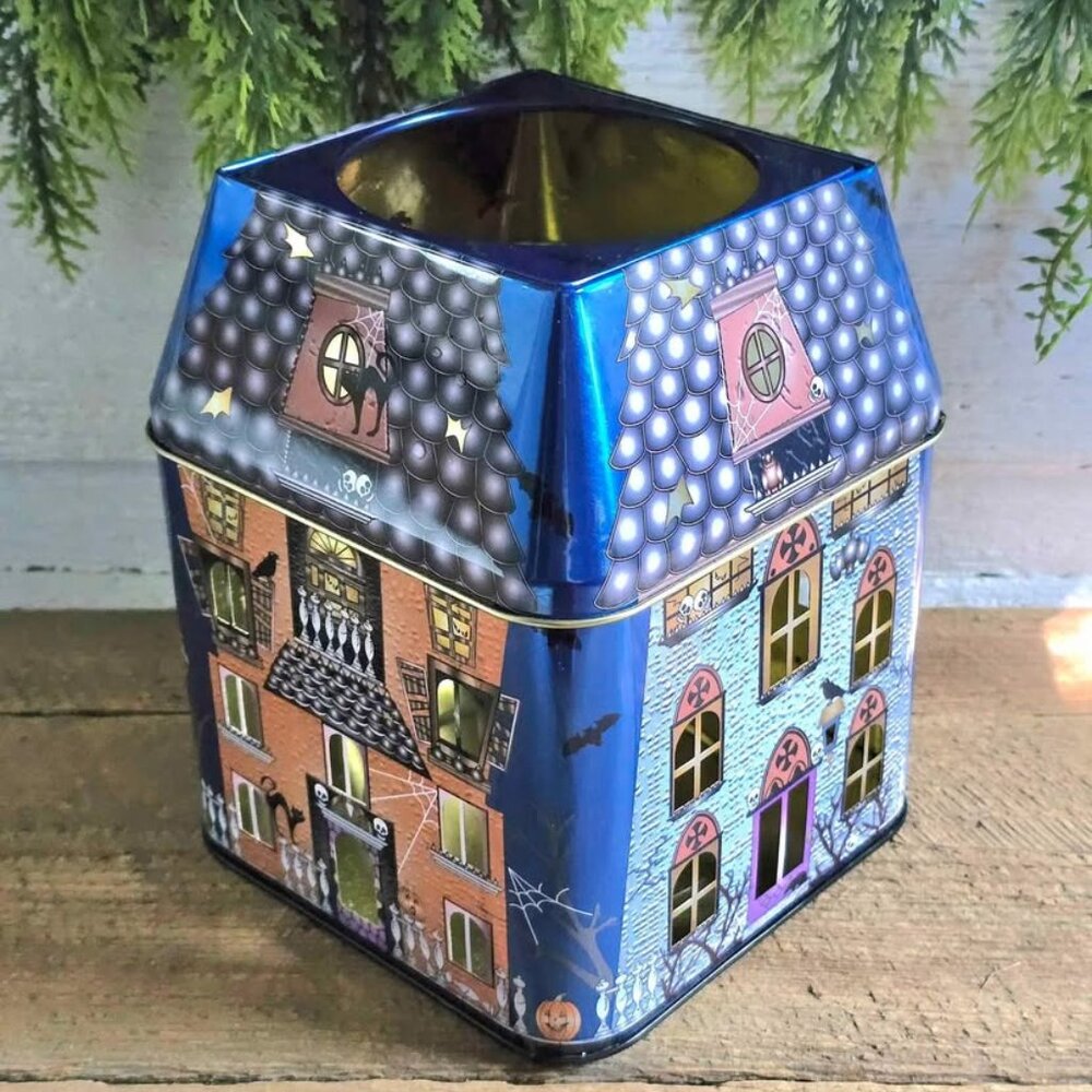 Partylite Haunted House Tin Pillar Candle Holder Halloween Decoration
